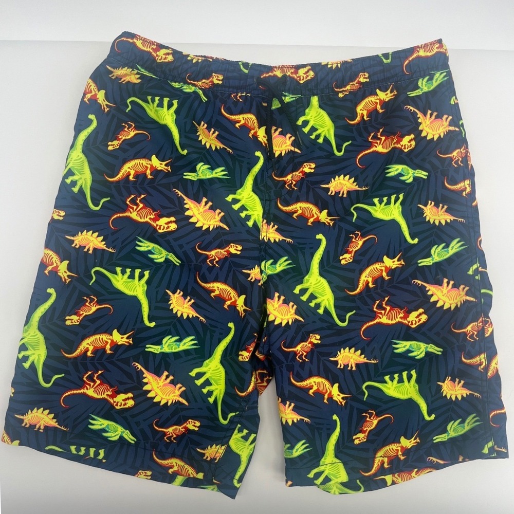 Lands' End Swim Trunks Kids XXL 18H-20H Blue Dinosaur Skeleton Print Swimwear